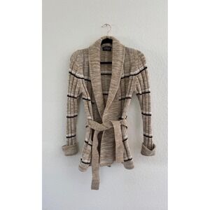 Corliss Vintage Women Knit Cardigan Shawl Collar Belted Pockets Beige Brown
